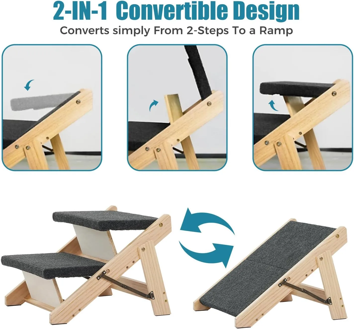 MEWANG Wood Pet Stairs/Pet Steps - Foldable 2 Levels Dog Stairs & Ramp Perfect for Beds and Cars - Portable Dog/Cat Ladder Up to 110 Pounds