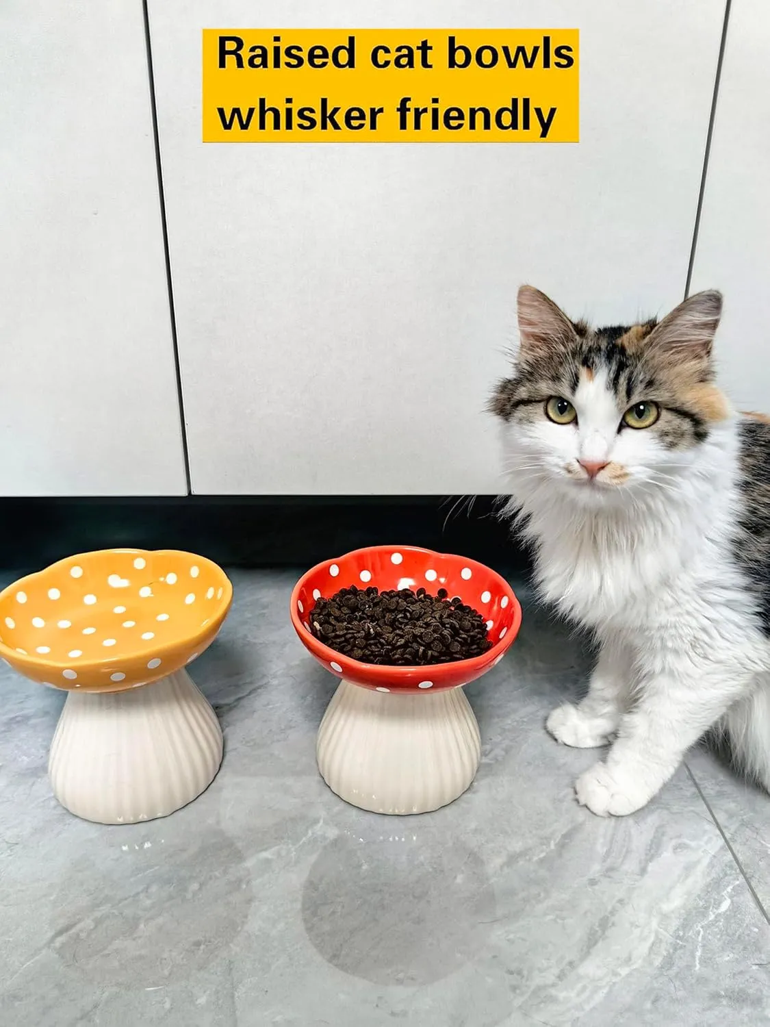 Mushroom Cat Bowl,Whisker Fatigue Cat Bowl,Cute Cat Bowls,Elevated Cat Food Bowl, Lead & Cadmium Free Ceramic Cat Bowls for Food and Water. (Red Yellow)
