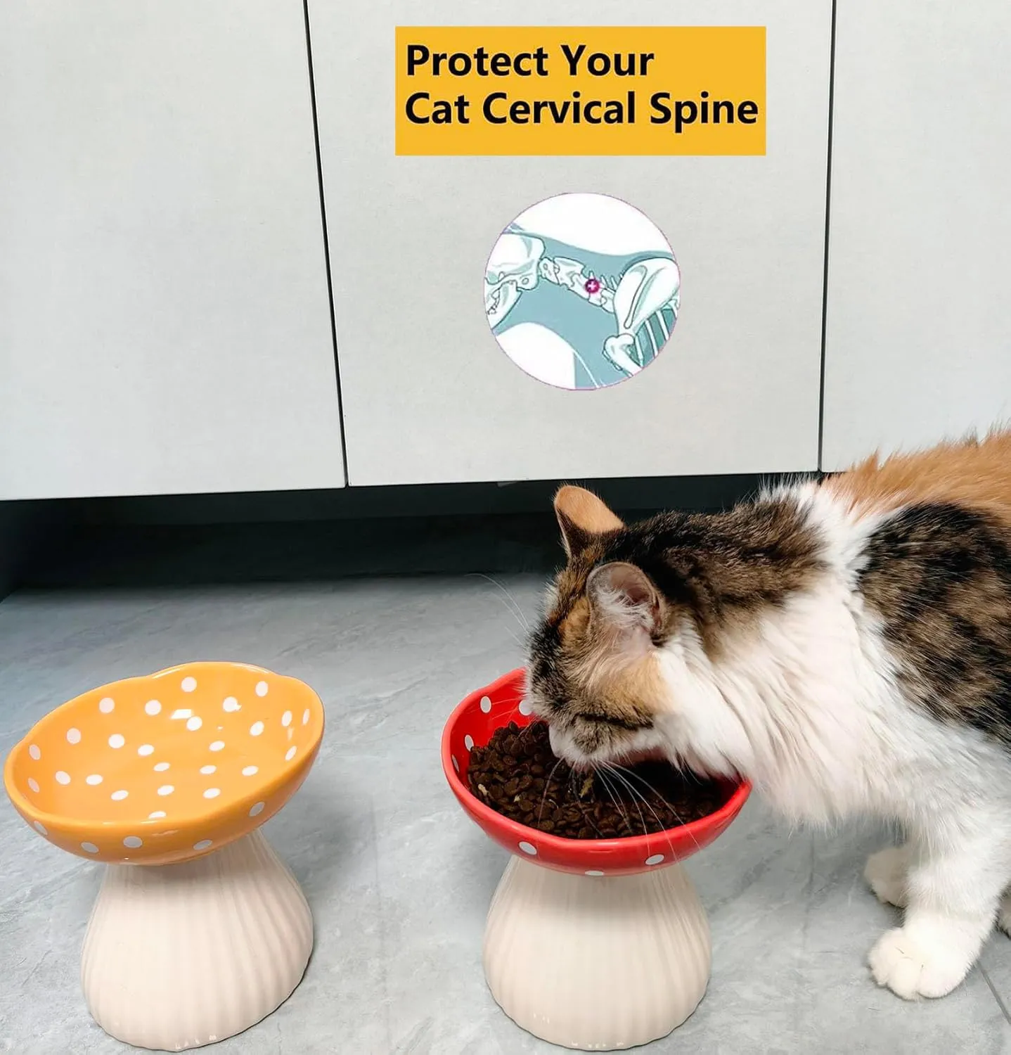 Mushroom Cat Bowl,Whisker Fatigue Cat Bowl,Cute Cat Bowls,Elevated Cat Food Bowl, Lead & Cadmium Free Ceramic Cat Bowls for Food and Water. (Red Yellow)