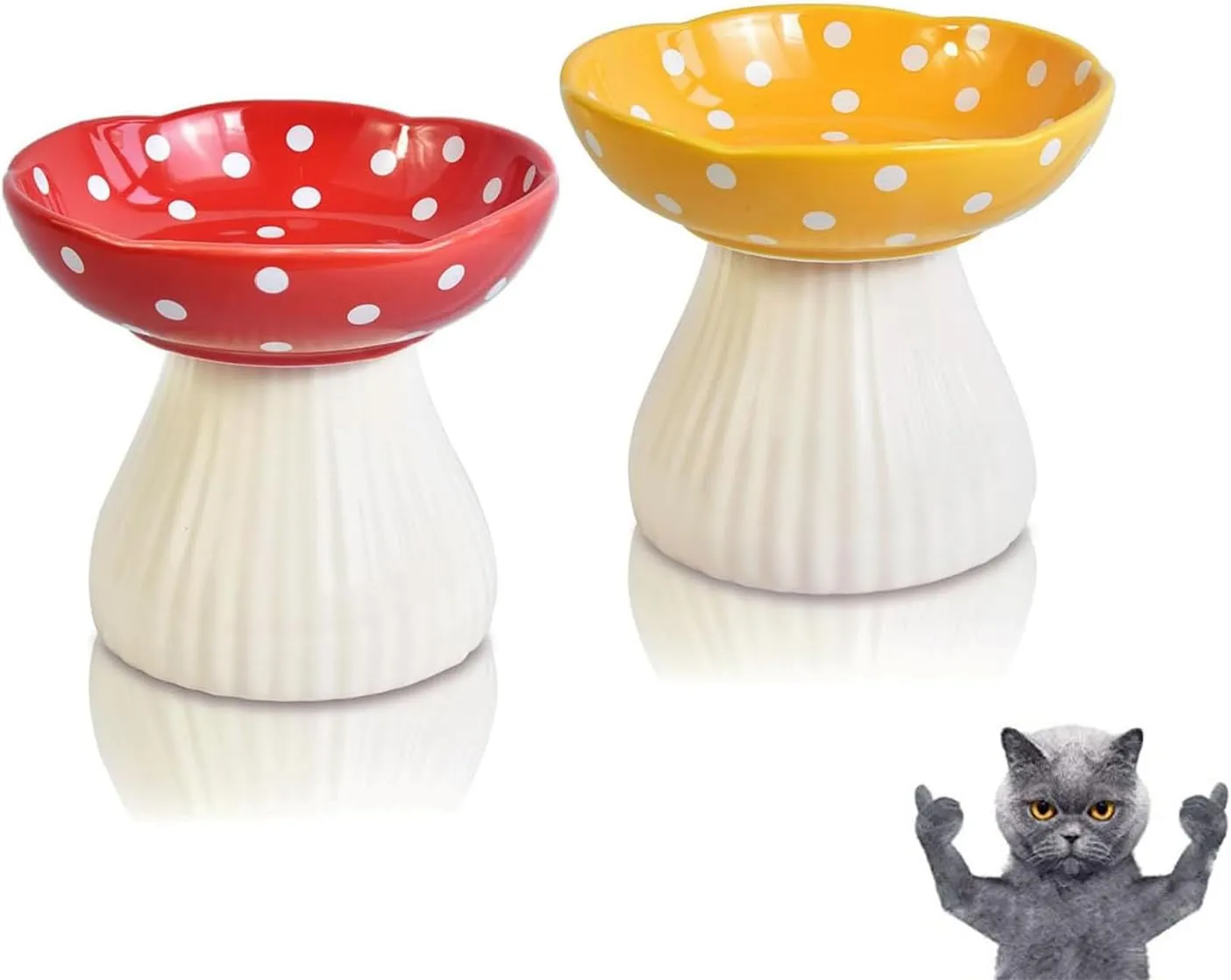 Mushroom Cat Bowl,Whisker Fatigue Cat Bowl,Cute Cat Bowls,Elevated Cat Food Bowl, Lead & Cadmium Free Ceramic Cat Bowls for Food and Water. (Red Yellow)