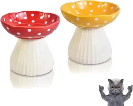 Mushroom Cat Bowl,Whisker Fatigue Cat Bowl,Cute Cat Bowls,Elevated Cat Food Bowl, Lead & Cadmium Free Ceramic Cat Bowls for Food and Water. (Red Yellow)