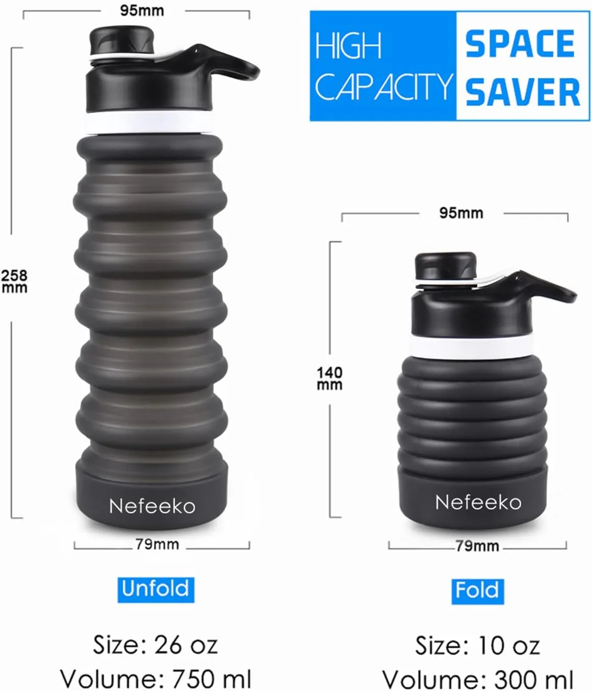 Nefeeko Collapsible Water Bottle, 26oz Silicone Foldable Water Bottles Leakproof BPA Free Travel Water Bottles with Carabiner, Portable Sport Water Bottles for Camping,Hiking Outdoor Indoor Sport