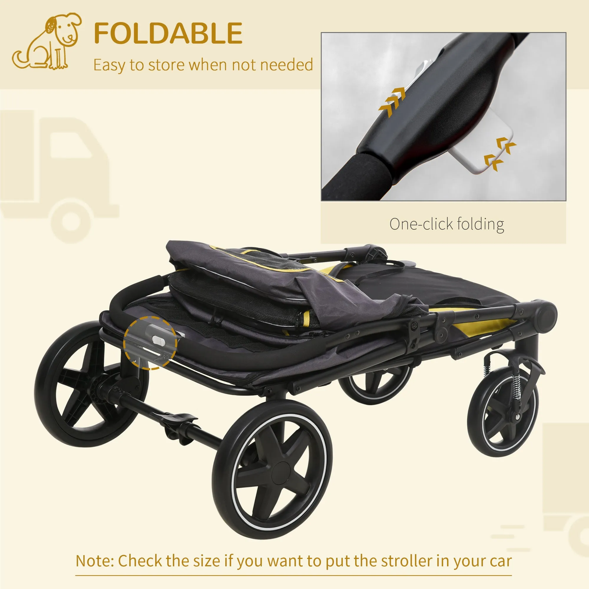 One-Click Foldable Pet Travel Stroller with Rain Cover, Cat Dog Pushchair with Universal Front Wheels, Shock Absorber, Storage Bags, Mesh Window, Safety Leash for Large and Medium Dogs (Grey)