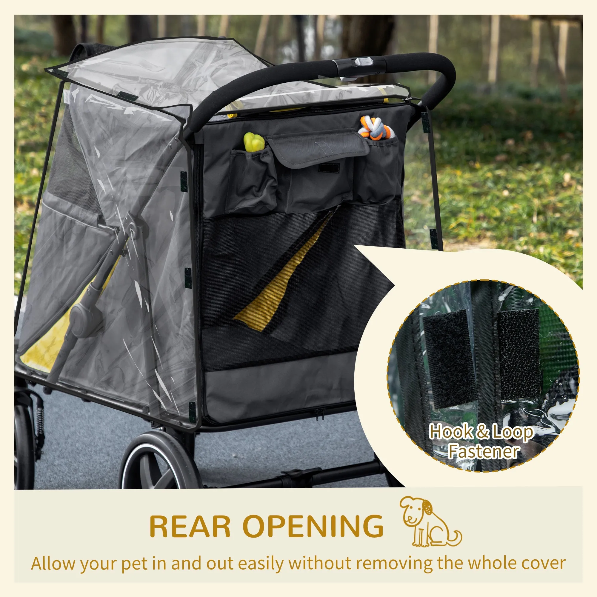 One-Click Foldable Pet Travel Stroller with Rain Cover, Cat Dog Pushchair with Universal Front Wheels, Shock Absorber, Storage Bags, Mesh Window, Safety Leash for Large and Medium Dogs (Grey)