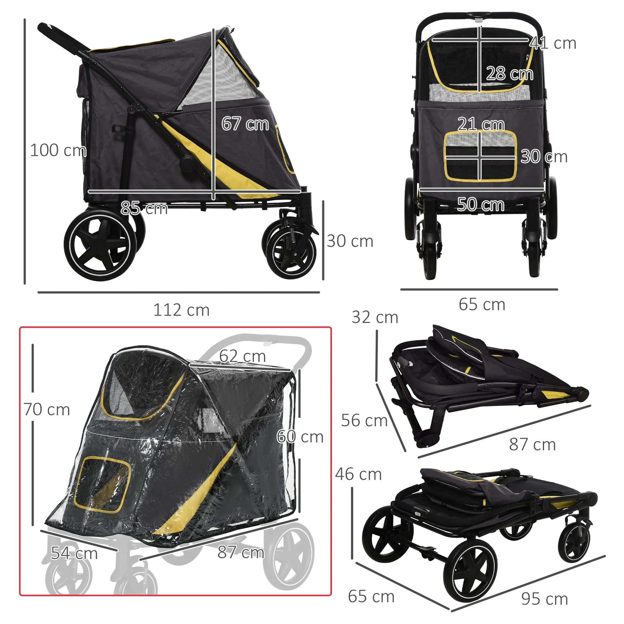 One-Click Foldable Pet Travel Stroller with Rain Cover, Cat Dog Pushchair with Universal Front Wheels, Shock Absorber, Storage Bags, Mesh Window, Safety Leash for Large and Medium Dogs (Grey)