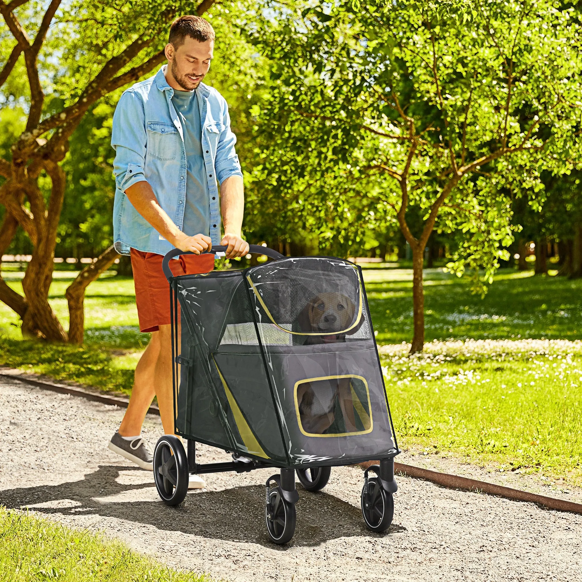 One-Click Foldable Pet Travel Stroller with Rain Cover, Cat Dog Pushchair with Universal Front Wheels, Shock Absorber, Storage Bags, Mesh Window, Safety Leash for Large and Medium Dogs (Grey)