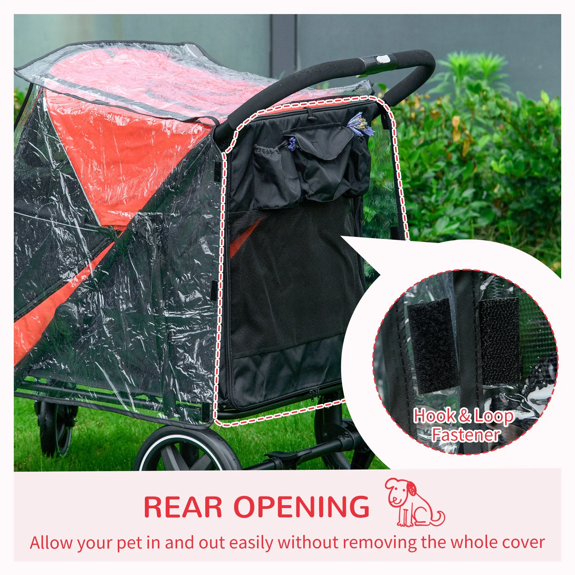 One-Click Foldable Pet Travel Stroller with Rain Cover, Cat Dog Pushchair with Universal Front Wheels, Shock Absorber, Storage Bags, Mesh Window, Safety Leash for Large and Medium Dogs (Red)