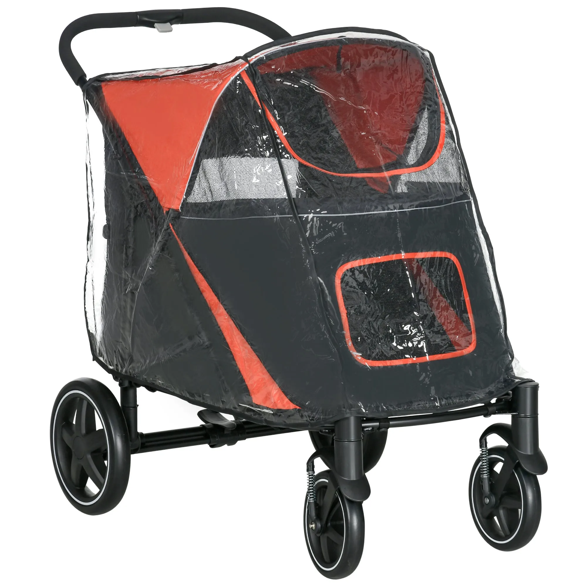 One-Click Foldable Pet Travel Stroller with Rain Cover, Cat Dog Pushchair with Universal Front Wheels, Shock Absorber, Storage Bags, Mesh Window, Safety Leash for Large and Medium Dogs (Red)
