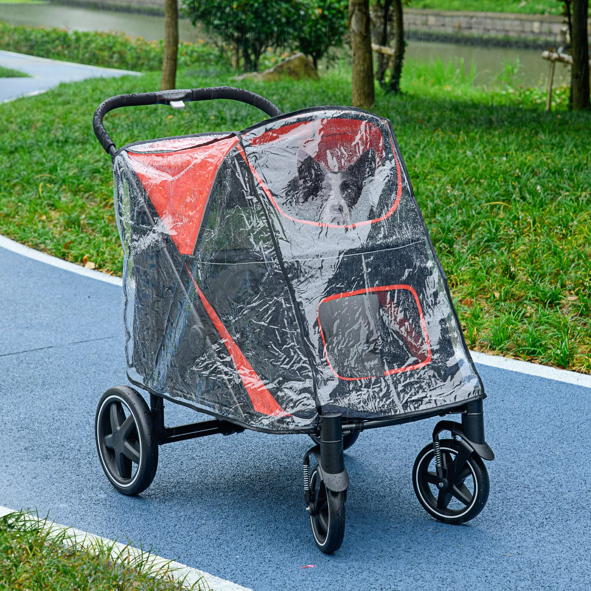 One-Click Foldable Pet Travel Stroller with Rain Cover, Cat Dog Pushchair with Universal Front Wheels, Shock Absorber, Storage Bags, Mesh Window, Safety Leash for Large and Medium Dogs (Red)
