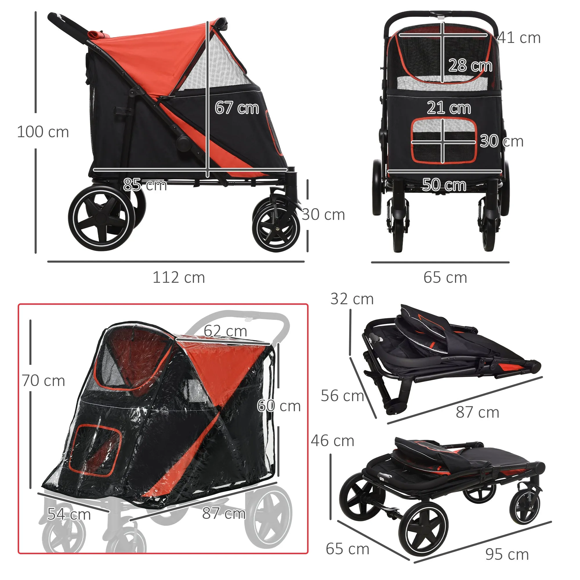 One-Click Foldable Pet Travel Stroller with Rain Cover, Cat Dog Pushchair with Universal Front Wheels, Shock Absorber, Storage Bags, Mesh Window, Safety Leash for Large and Medium Dogs (Red)