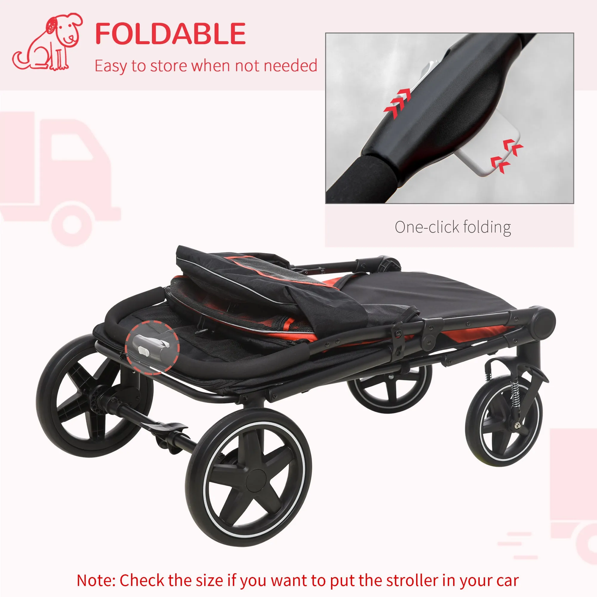 One-Click Foldable Pet Travel Stroller with Rain Cover, Cat Dog Pushchair with Universal Front Wheels, Shock Absorber, Storage Bags, Mesh Window, Safety Leash for Large and Medium Dogs (Red)
