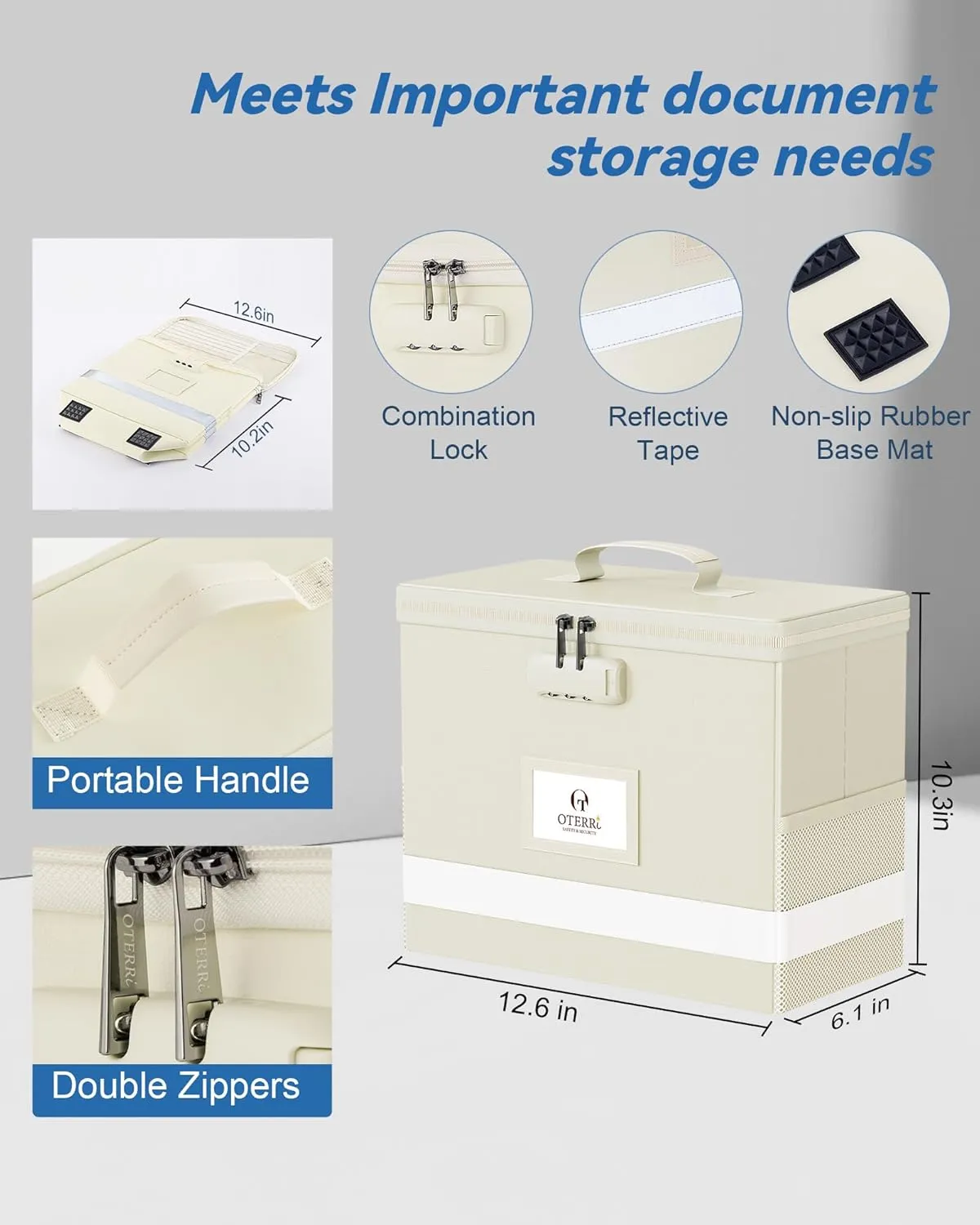 Oterri 2 Pack Fireproof Document Box With Lock, Portable File Safe Box Fireproof Waterproof For Letter Files, Collapsible Fireproof File Box With Handle (Beige, 2 Pack)