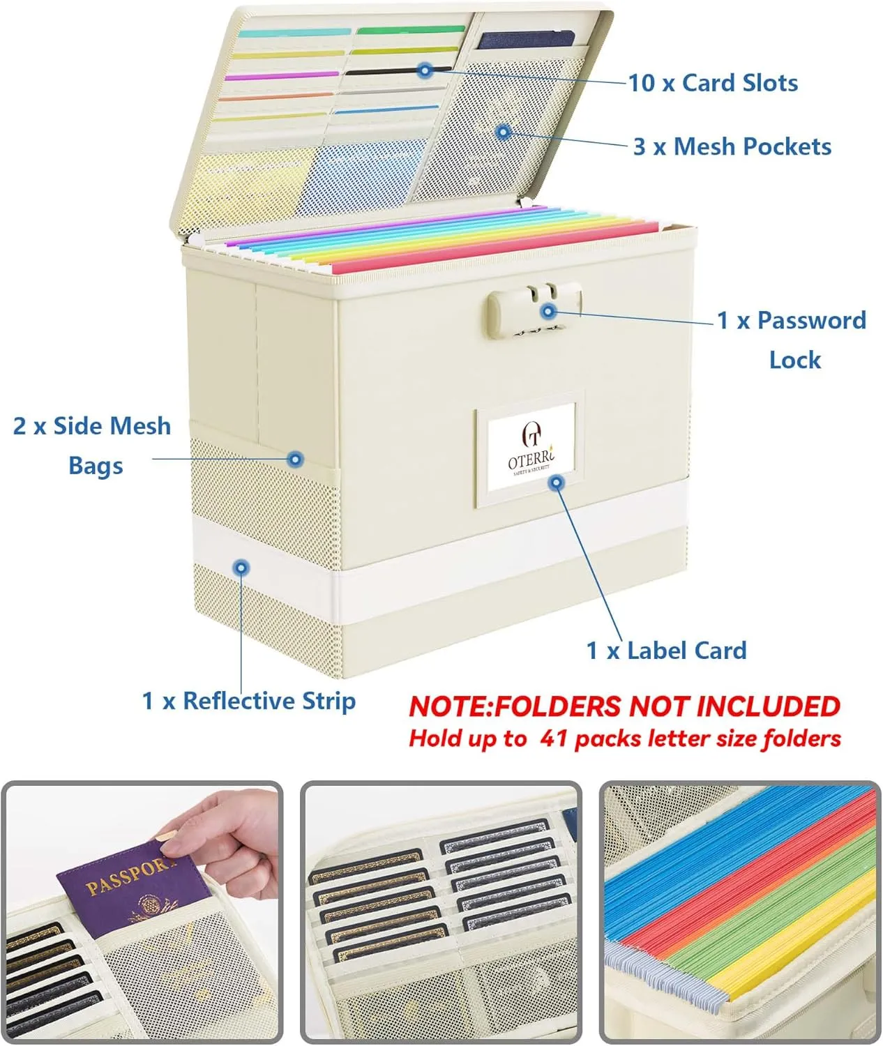 Oterri 2 Pack Fireproof Document Box With Lock, Portable File Safe Box Fireproof Waterproof For Letter Files, Collapsible Fireproof File Box With Handle (Beige, 2 Pack)