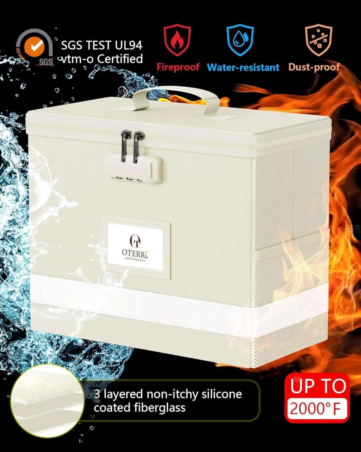 Oterri 2 Pack Fireproof Document Box With Lock, Portable File Safe Box Fireproof Waterproof For Letter Files, Collapsible Fireproof File Box With Handle (Beige, 2 Pack)