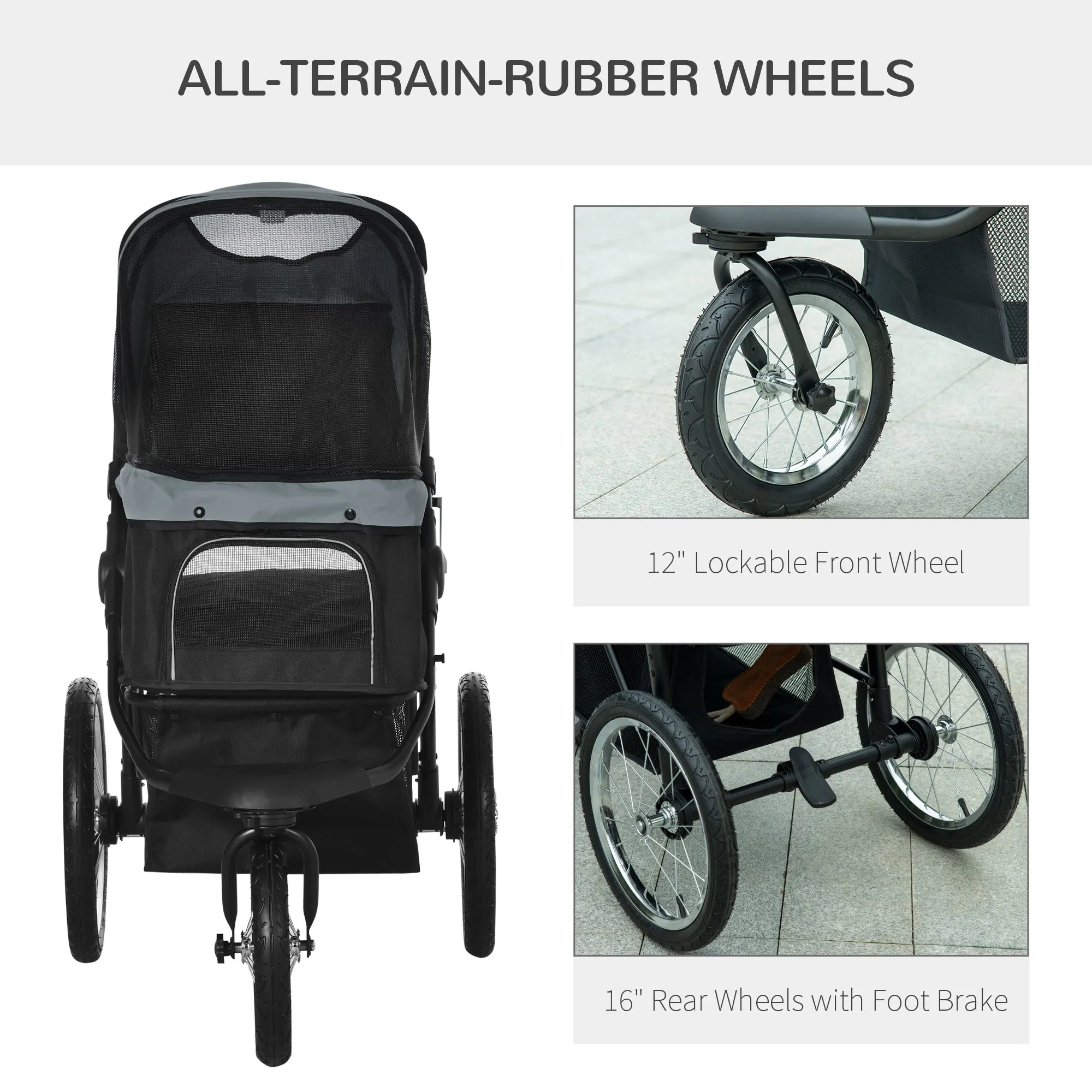 PawHut 3 Wheel Pet Stroller, for Medium Small Dogs, Foldable Cat Pram - Grey