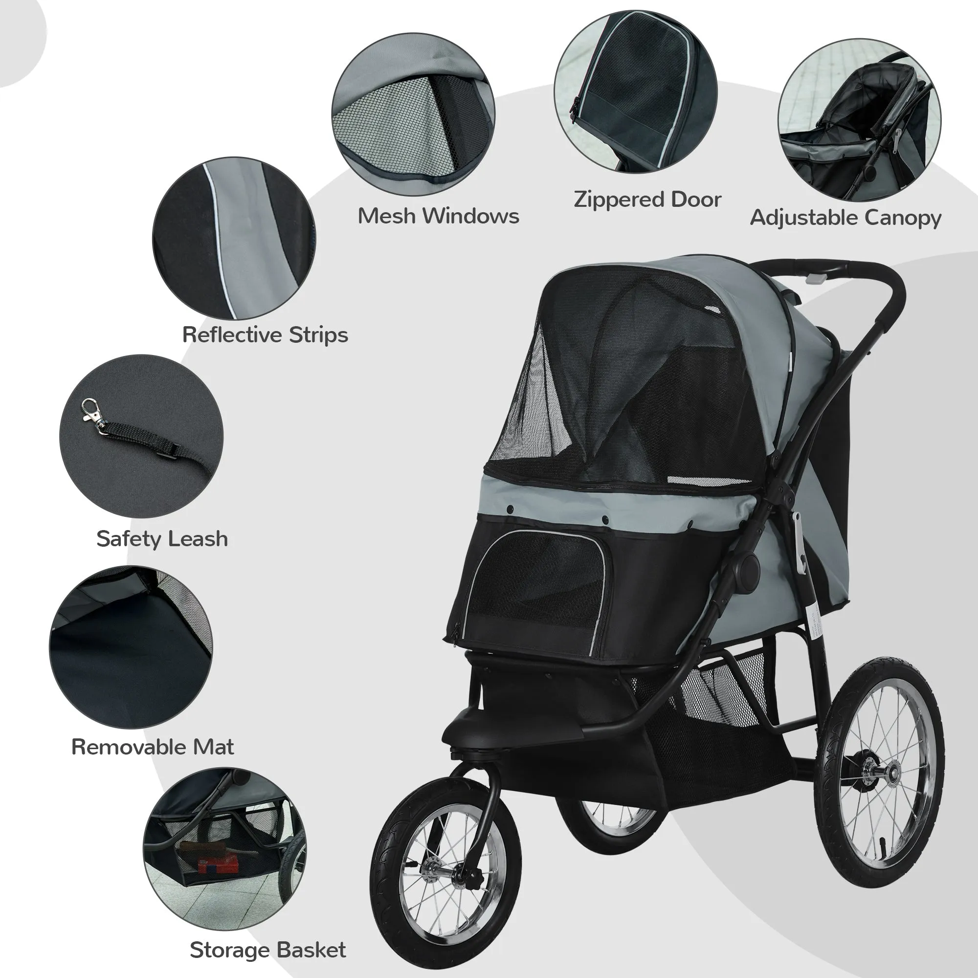 PawHut 3 Wheel Pet Stroller, for Medium Small Dogs, Foldable Cat Pram - Grey