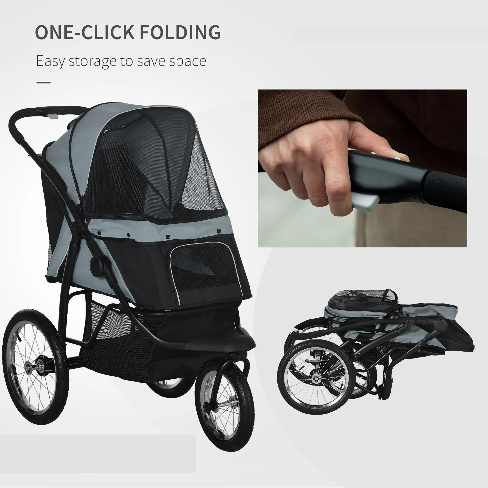 PawHut 3 Wheel Pet Stroller, for Medium Small Dogs, Foldable Cat Pram - Grey
