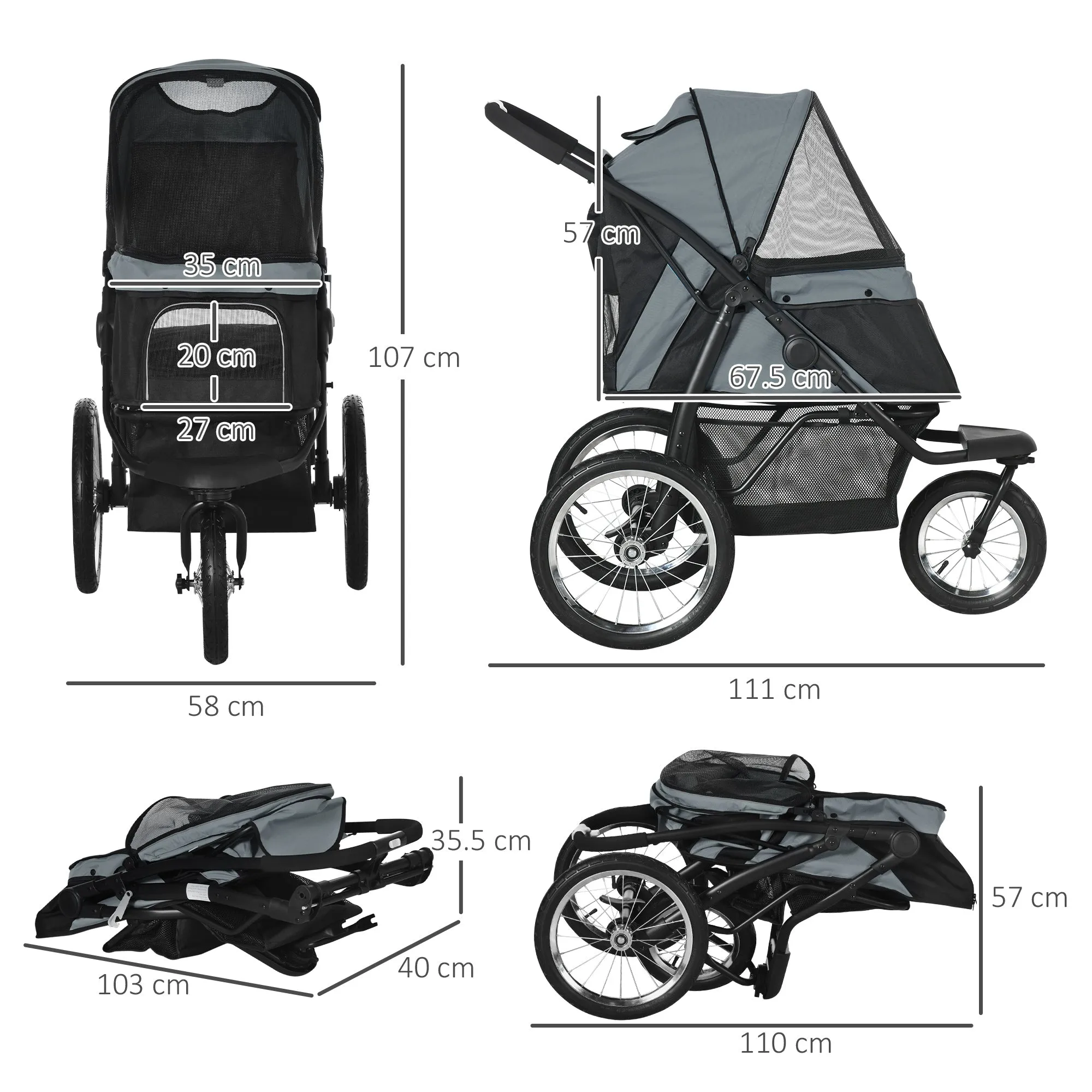 PawHut 3 Wheel Pet Stroller, for Medium Small Dogs, Foldable Cat Pram - Grey