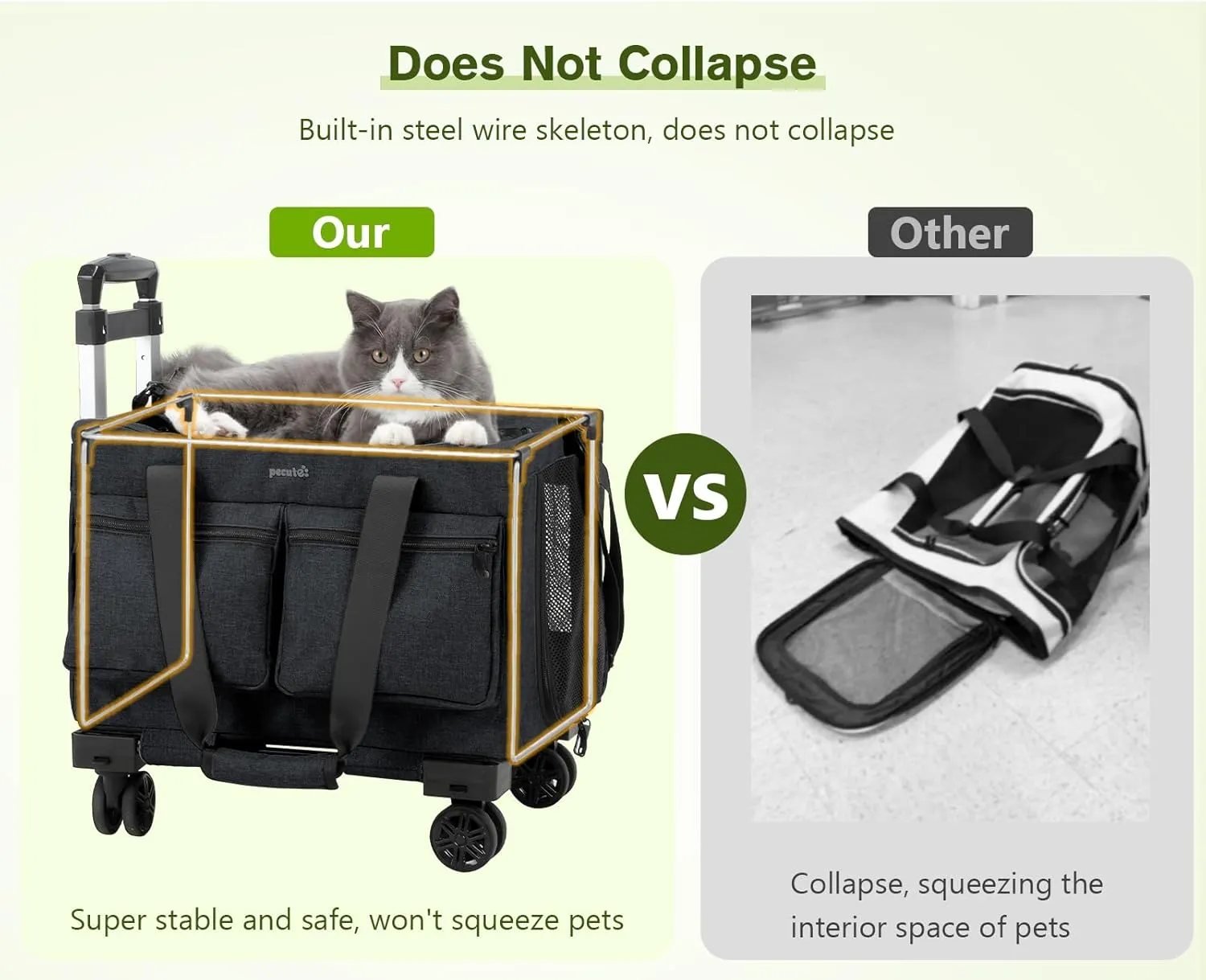 Pecute Cat Carrier with Wheels,Steel Wire Frame Cat Carrier, Stable Pet Trolley Bag for Cats, Pet Handbag and Stroller Bag, Portable Cat Carrier Bag for Car Travel Bus Subway, Dark Grey