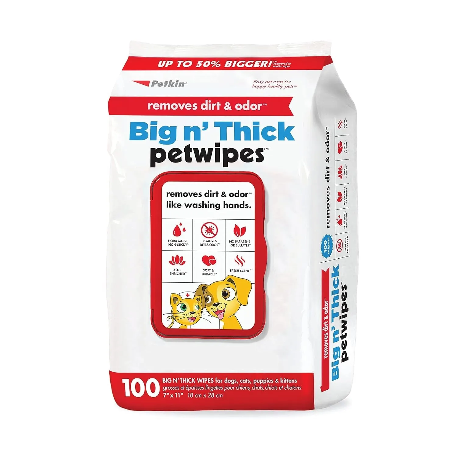 Petkin Pet Wipes for Dogs and Cats, 100 Large Wipes - Removes Dirt & Odor like Washing Hands - Cleans Ears, Face, Butt, Eye Area - Convenient, Ideal for Home or Travel - 1 Pack of 100 Wipes