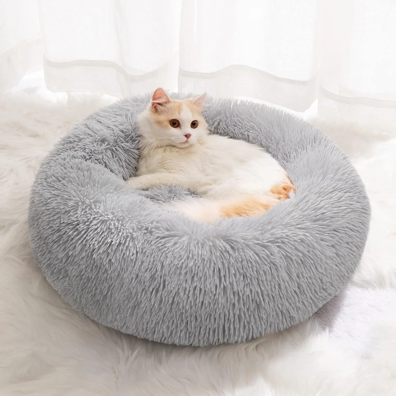 Small Cat Bed for Indoor Cats, Self-Warming Donut Kitty Bed for Small Cats Keeping Warm, Washable Pet Bed with Anti Slip Base, 20 LightGrey
