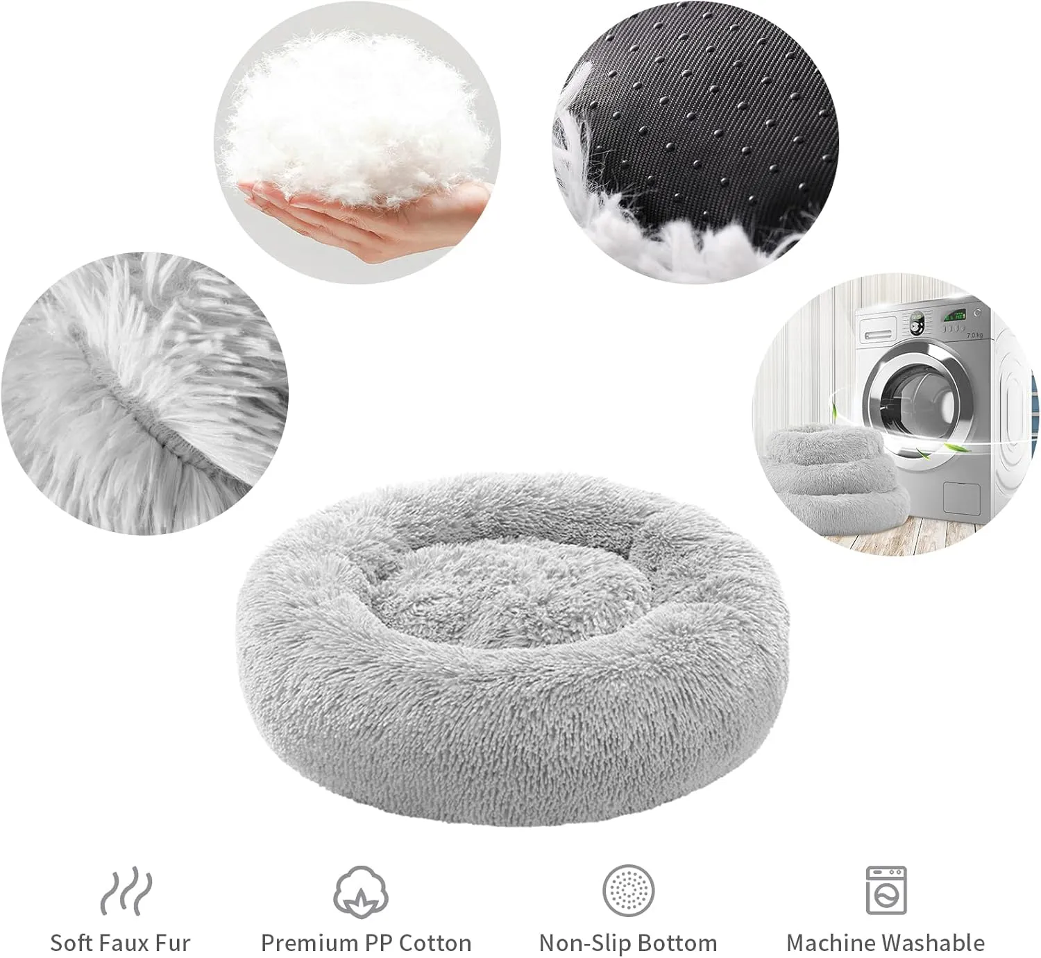 Small Cat Bed for Indoor Cats, Self-Warming Donut Kitty Bed for Small Cats Keeping Warm, Washable Pet Bed with Anti Slip Base, 20 LightGrey