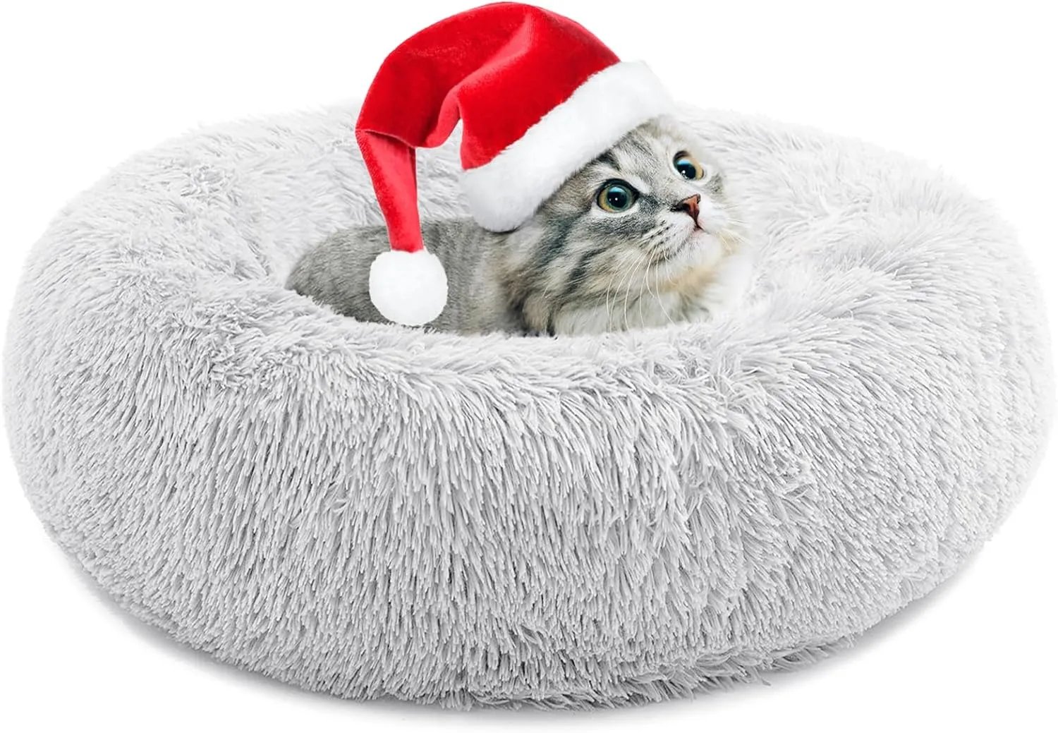 Small Cat Bed for Indoor Cats, Self-Warming Donut Kitty Bed for Small Cats Keeping Warm, Washable Pet Bed with Anti Slip Base, 20 LightGrey
