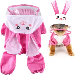 SMALLLEE_LUCKY_STORE Cute Bunny Raincoat for Small Dogs with Clear Hoood Leash D-Ring Puppy Botton Down Rain Jacket Full Boby 4 Leg Jumpsuit Lightweight Waterproof Clothes,Pink M