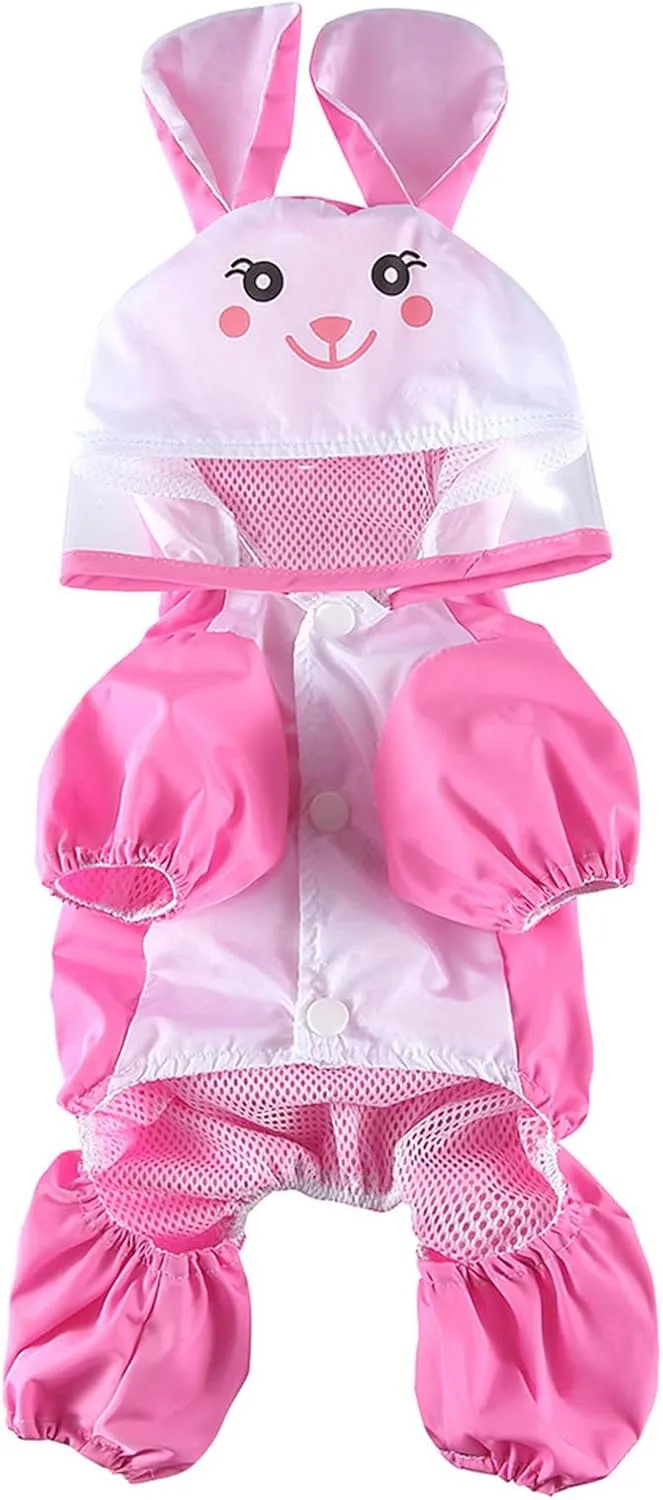 SMALLLEE_LUCKY_STORE Cute Bunny Raincoat for Small Dogs with Clear Hoood Leash D-Ring Puppy Botton Down Rain Jacket Full Boby 4 Leg Jumpsuit Lightweight Waterproof Clothes,Pink M