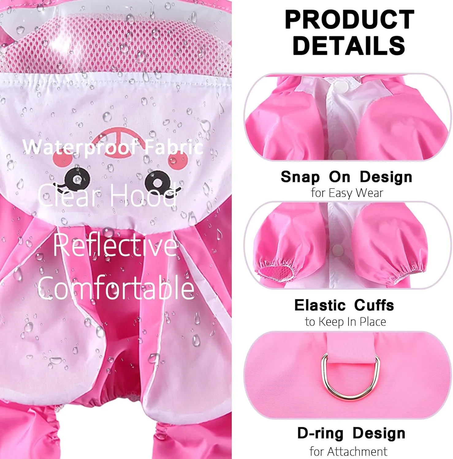 SMALLLEE_LUCKY_STORE Cute Bunny Raincoat for Small Dogs with Clear Hoood Leash D-Ring Puppy Botton Down Rain Jacket Full Boby 4 Leg Jumpsuit Lightweight Waterproof Clothes,Pink M