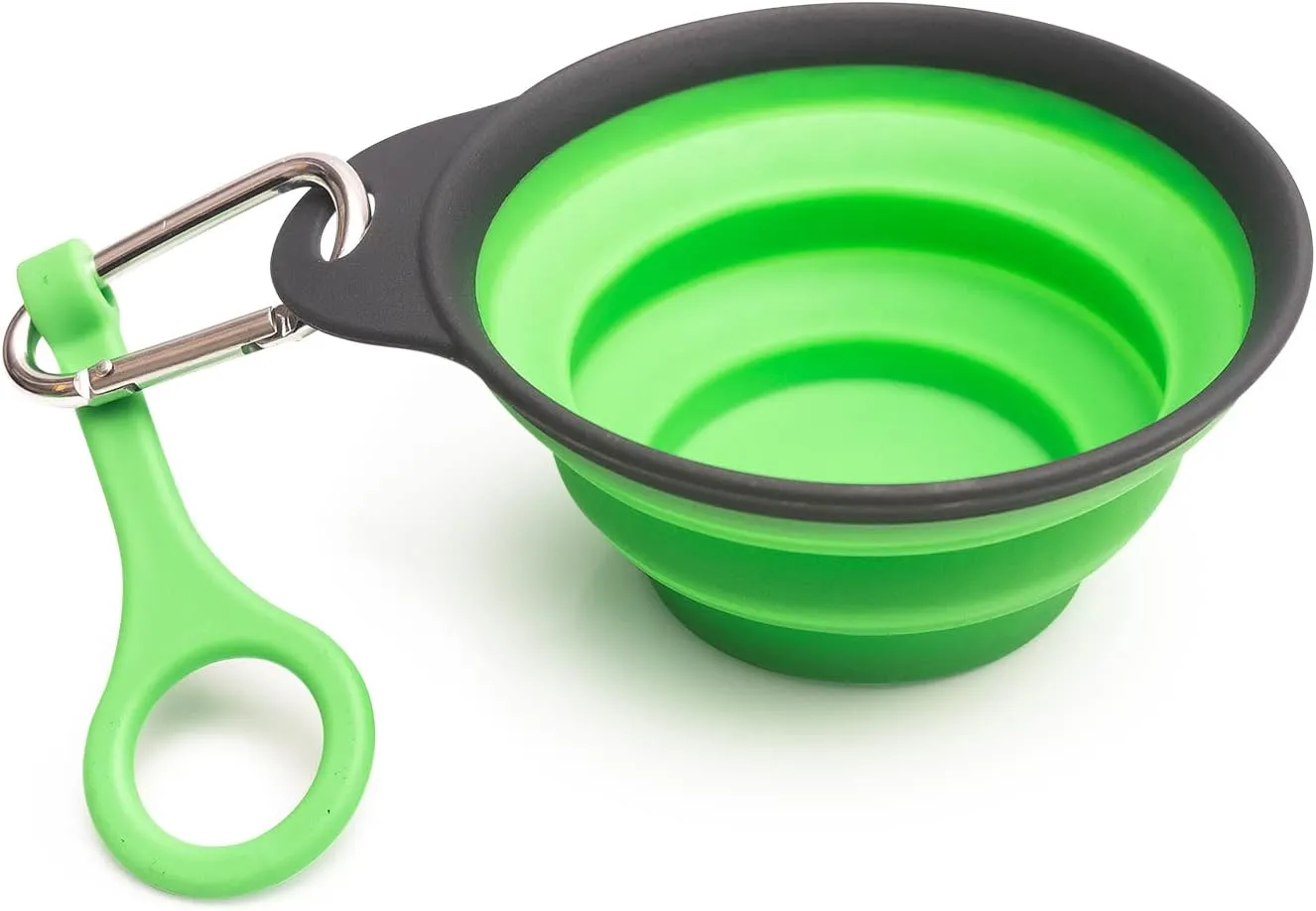 Travel Collapsible Dog Bowl Green, 12oz Portable Pet Feeder, 1 Carabineer, 100% Silicone, Foldable Expandable for Dog/Cat Food Water Feeding, Travel Bowl for Camping Walking Parking Traveling