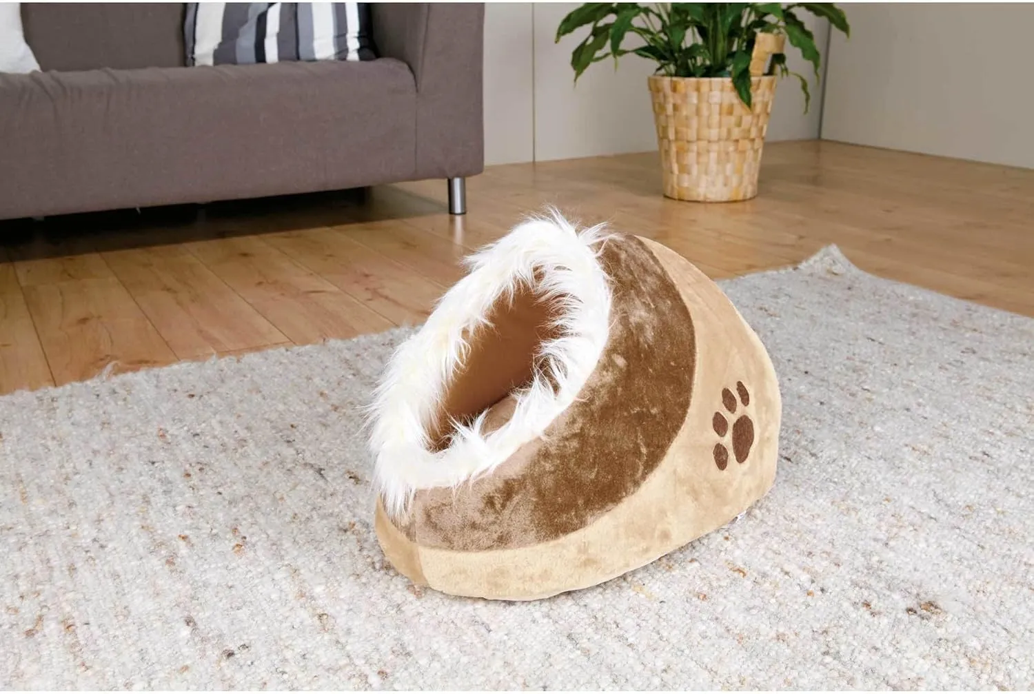 TRIXIE Minou Cuddly Cave Cat Bed with Removable Cushion, Non-Skid Bottom,Beige/Brown, Medium