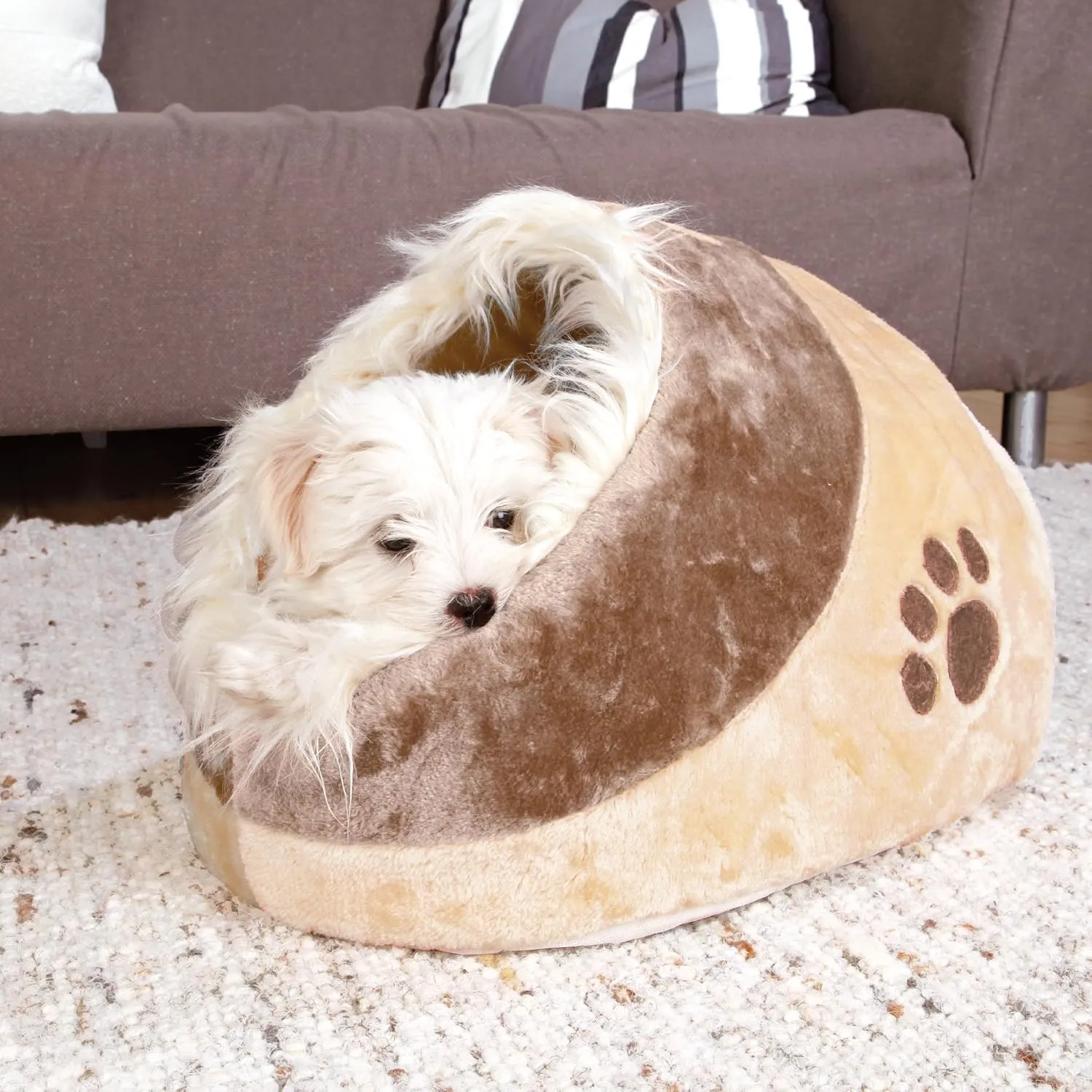 TRIXIE Minou Cuddly Cave Cat Bed with Removable Cushion, Non-Skid Bottom,Beige/Brown, Medium