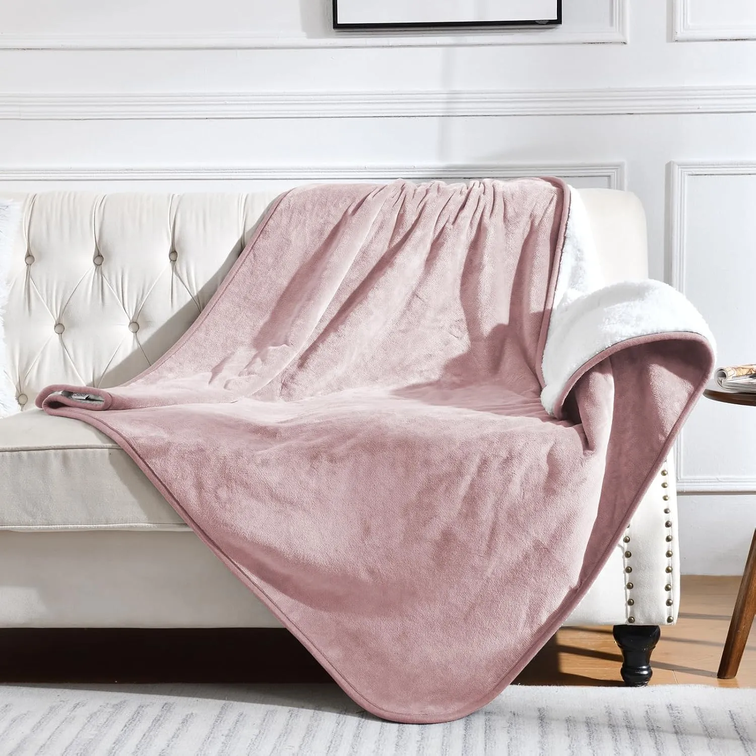 Waterproof Blanket for Bed Couch Sofa, Soft Liquid Pee Proof Pet Blanket for Dog Puppy Cat, Reversible Sherpa Fleece Furniture Protector (Dusty Pink, 50x60 inches)