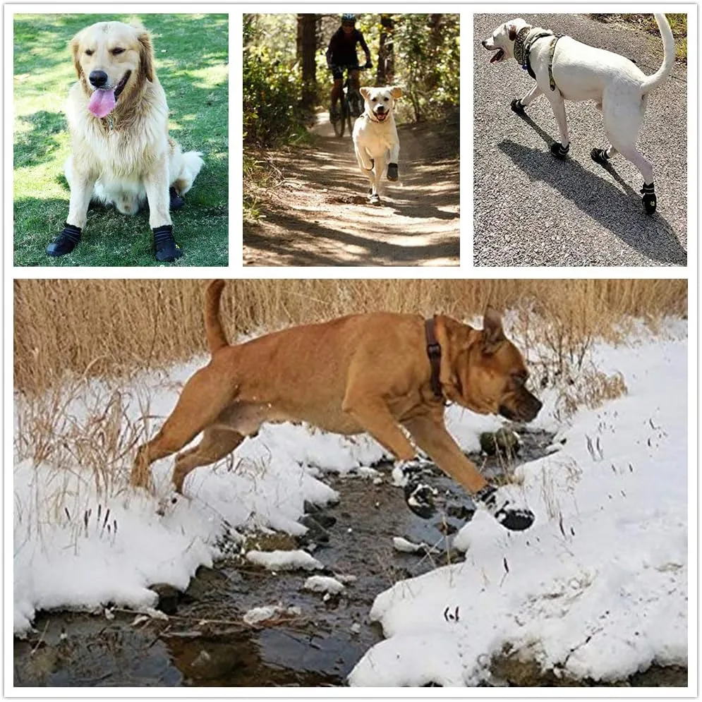 Waterproof Dog Boots, Dog Outdoor Shoes for Medium to Large Dogs with Two Reflective Fastening Straps and Rugged Anti-Slip Sole (Black 4PCS).