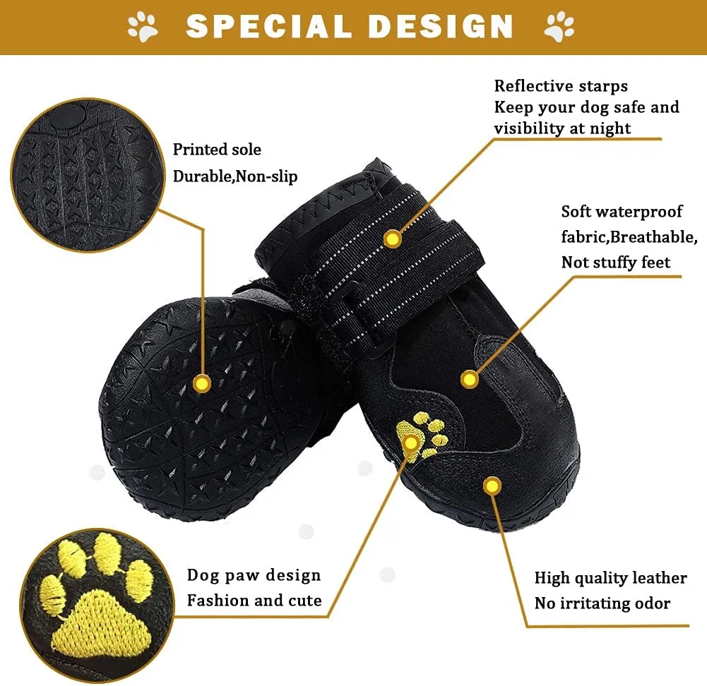 Waterproof Dog Boots, Dog Outdoor Shoes for Medium to Large Dogs with Two Reflective Fastening Straps and Rugged Anti-Slip Sole (Black 4PCS).