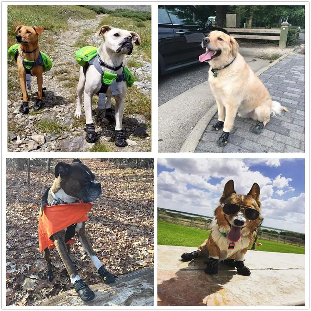 Waterproof Dog Boots, Dog Outdoor Shoes for Medium to Large Dogs with Two Reflective Fastening Straps and Rugged Anti-Slip Sole (Black 4PCS).