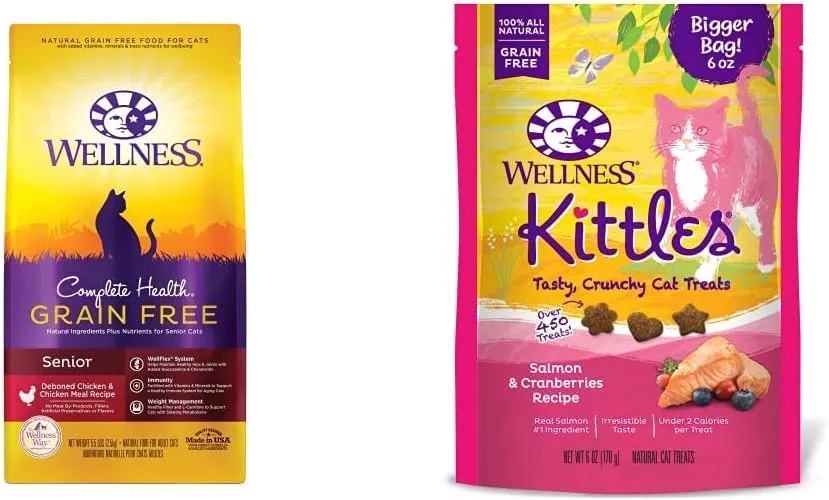 Wellness Complete Health Grain Free Senior Dry Cat Food, 5 Pound Bag Bundle Kittles Natural Grain Free Cat Treats (Chicken, 2 oz)