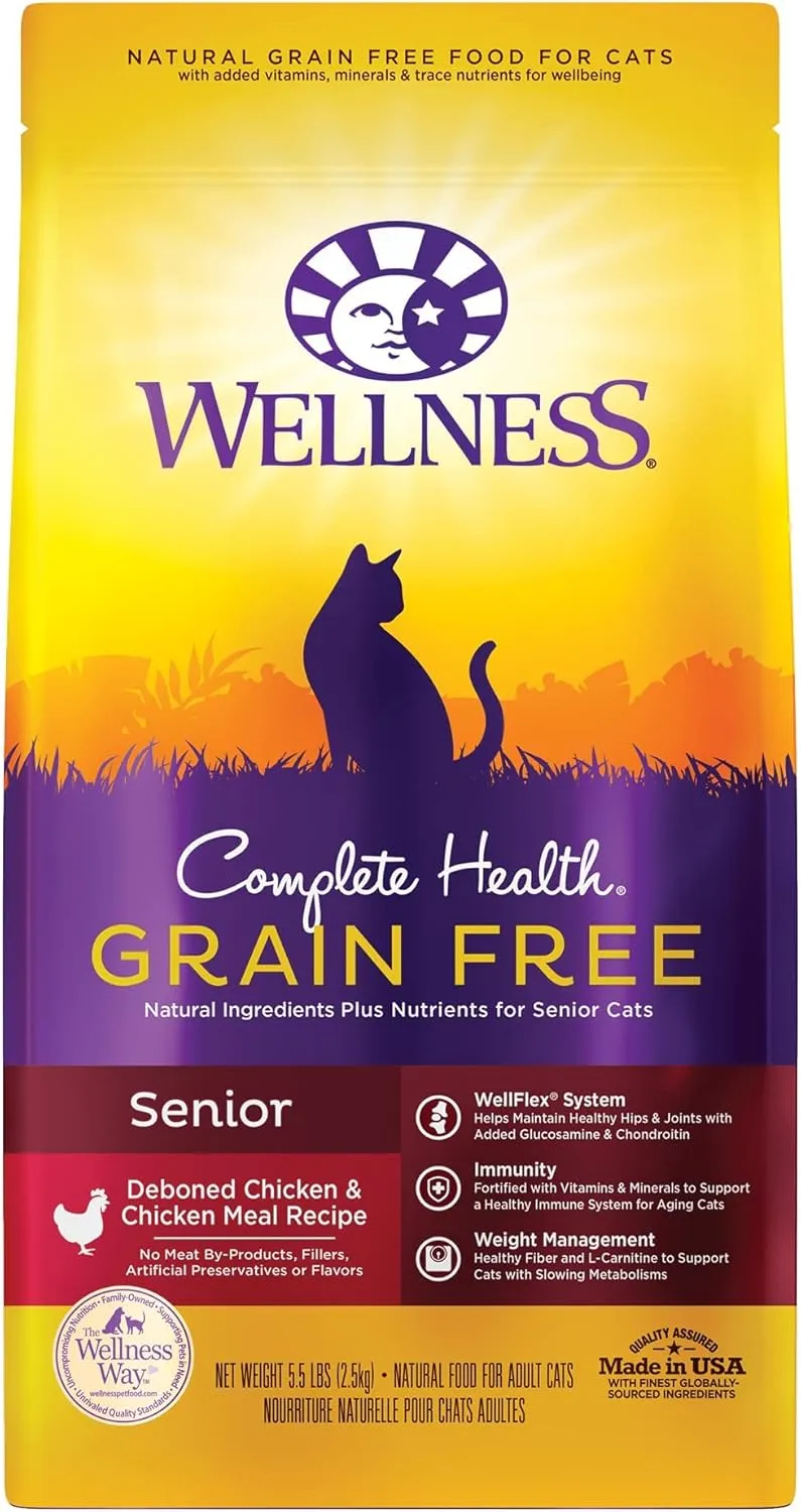 Wellness Complete Health Grain Free Senior Dry Cat Food, 5 Pound Bag Bundle Kittles Natural Grain Free Cat Treats (Chicken, 2 oz)